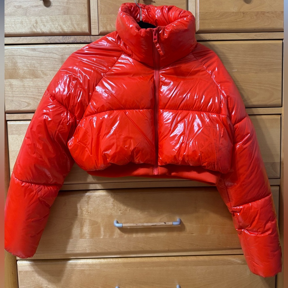 Red puffer jacket